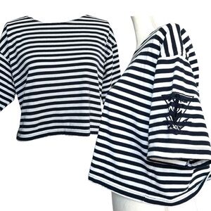 VTG 90s tshirt navy blue white striped anchor nautical design women medium top